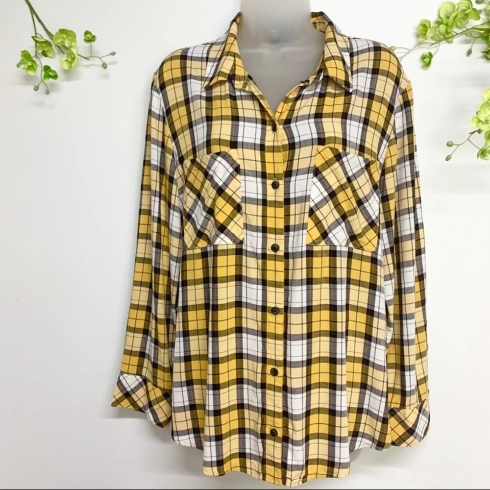Sanctuary yellow and white plaid long sleeve button down shirt, worn once - Picture 7 of 7